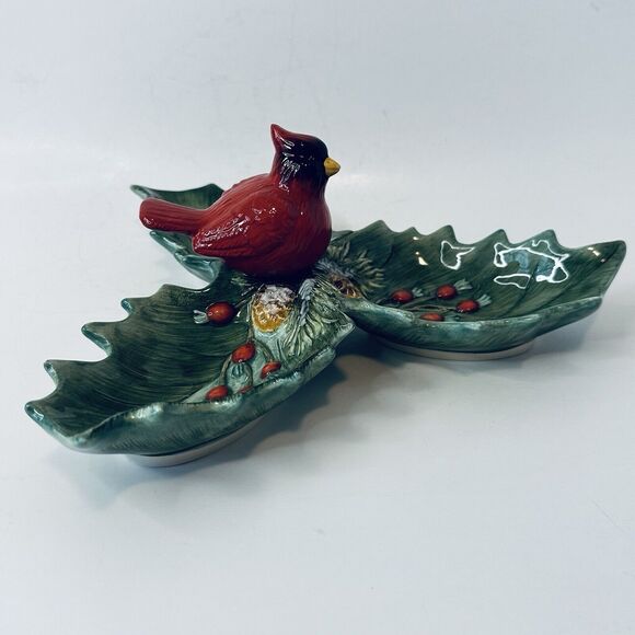 Christmas Traditions Cardinal Holly Ceramic Dish Holiday Red/Green 10" VTG - Picture 12 of 16